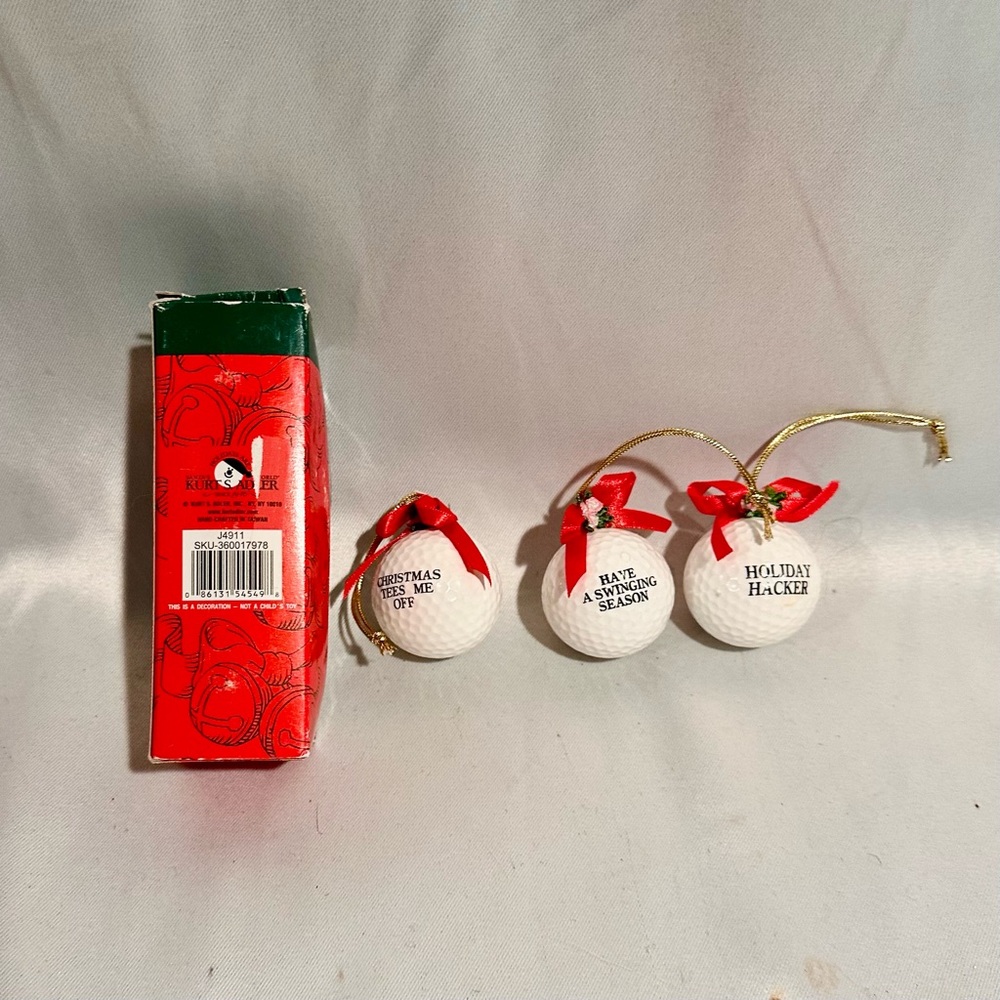 Vintage Kurt Adler Festive Golf Ball Ornaments with Red Ribbon Accents Set of 3
